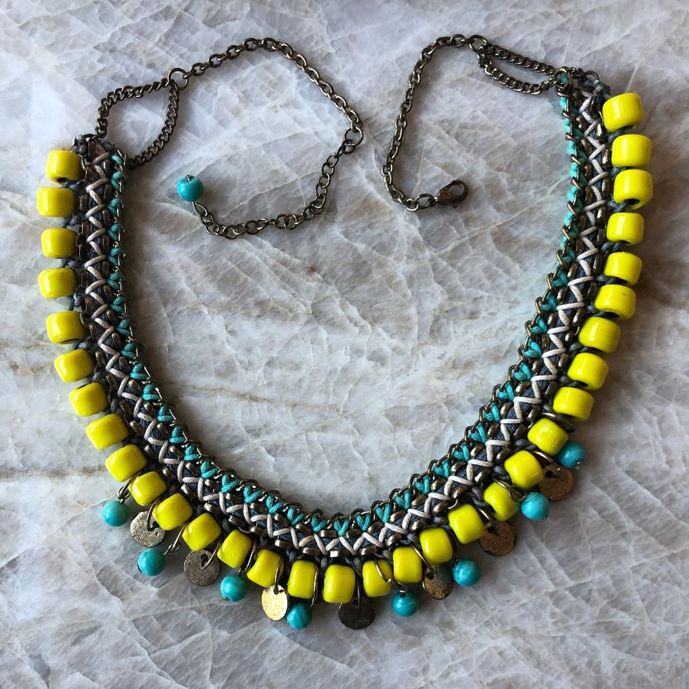 Noonday Collection Handmade Brass Statement Bib Necklace Green Turquoise